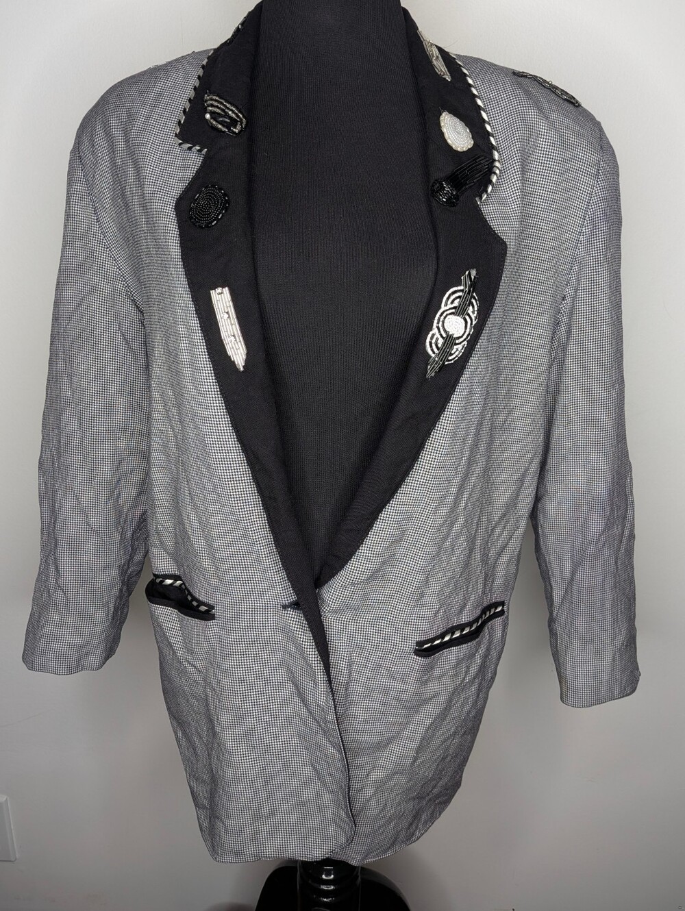 Vtg 80s Elissa Rose B/W Houndstooth Blazer Beaded Accents Shoulder Pads 6 *READ*